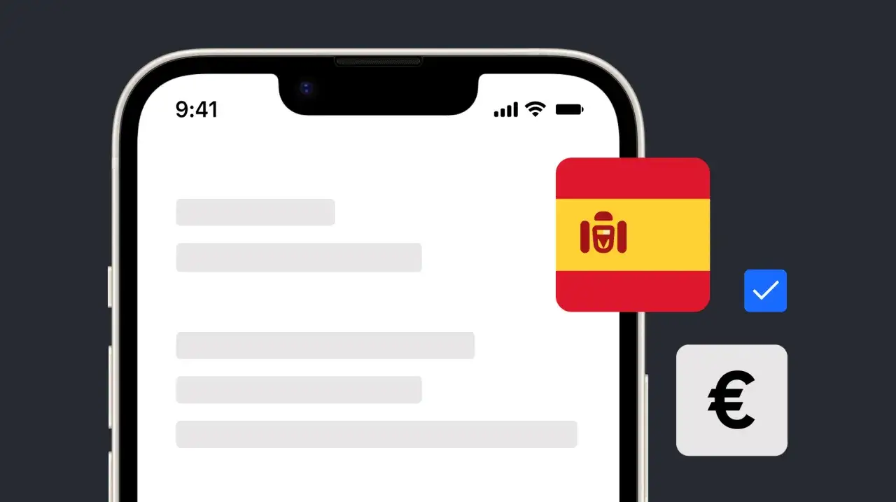 Un teléfono muestra una lista de elementos, con la bandera de España y el símbolo del euro, sugiriendo la navegación por tiendas digitales en España.