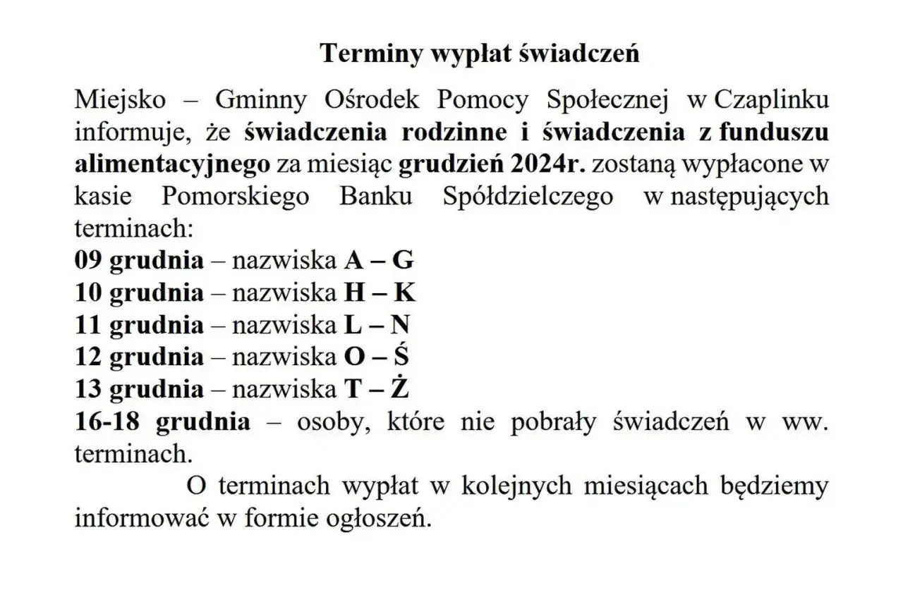 Terminy wypłat świadczeń z funduszu alimentacyjnego w grudniu 2024r. w Czaplinku. Wypłaty wg nazwisk od 9 do 13 grudnia.