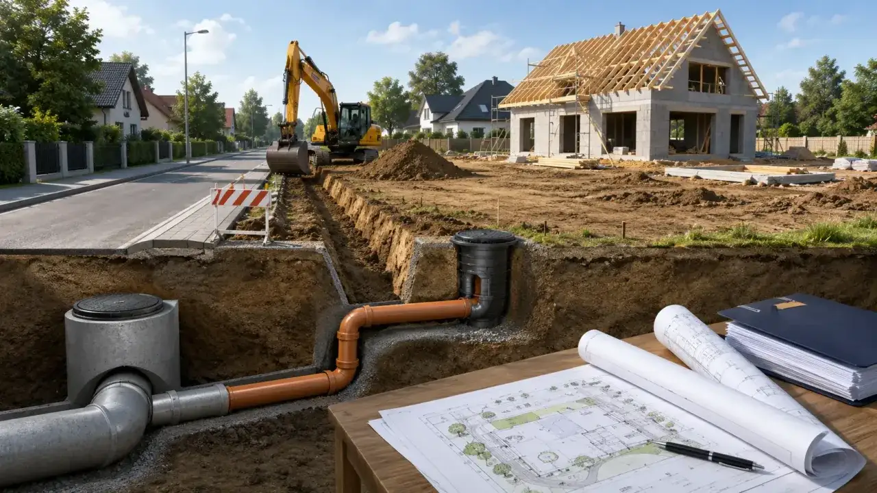Budowa domu w toku: koparka pracuje, widoczne wykopy pod instalacje, plany i dokumentacja świadczą o uzbrojeniu działki.