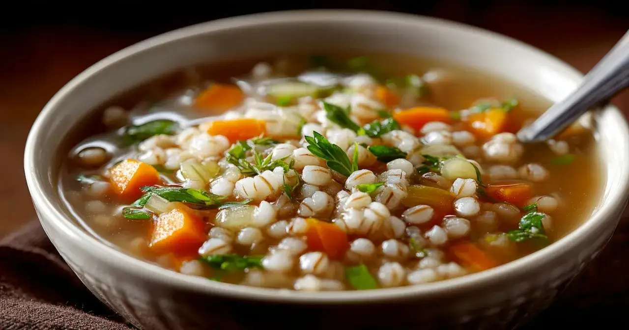 Zuppa calda e confortante con orzo perlato, carote a cubetti e prezzemolo fresco.