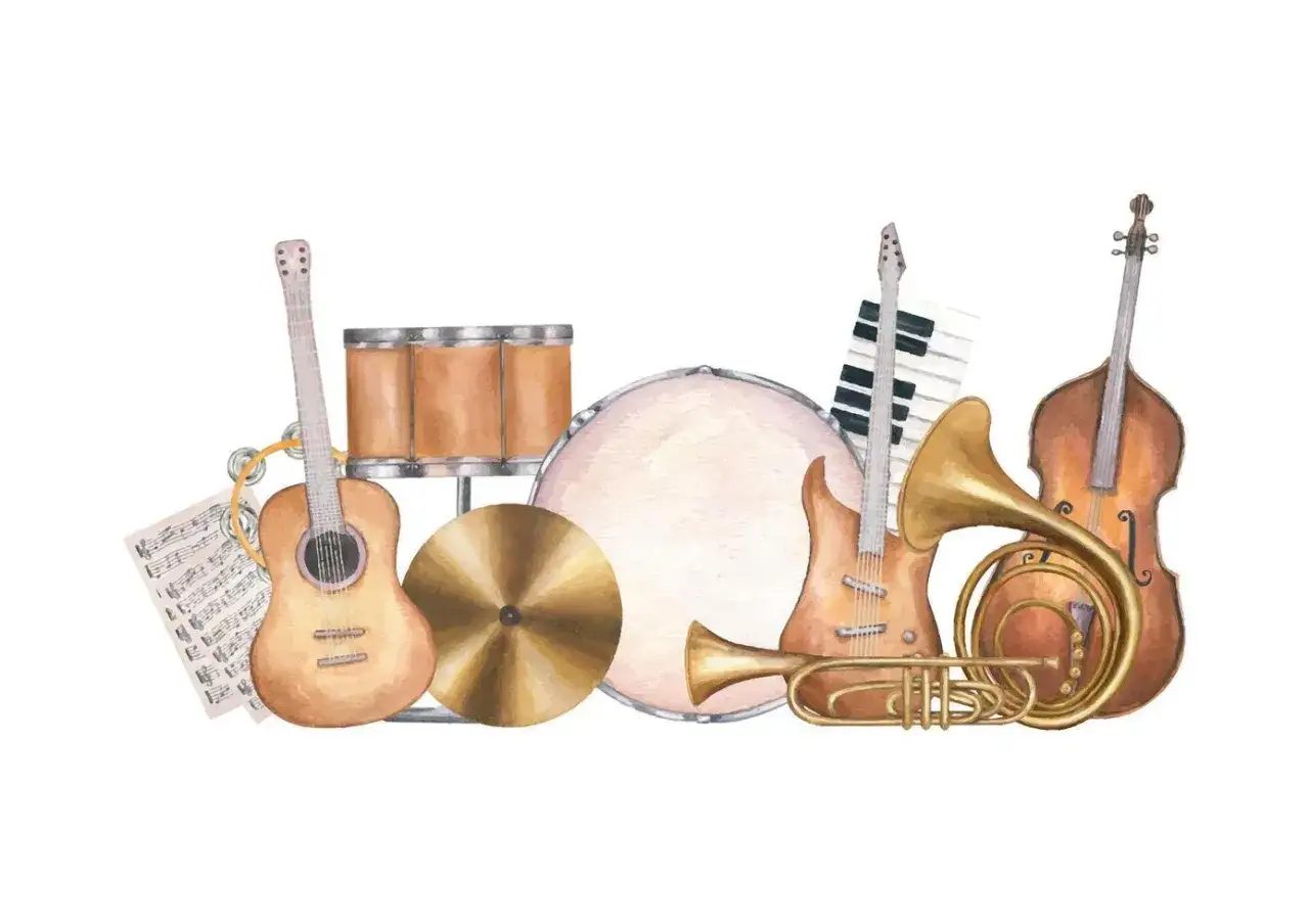 Instrumenty nazwy: gitara, bębny, talerz, keyboard, saksofon, trąbka, kontrabas.