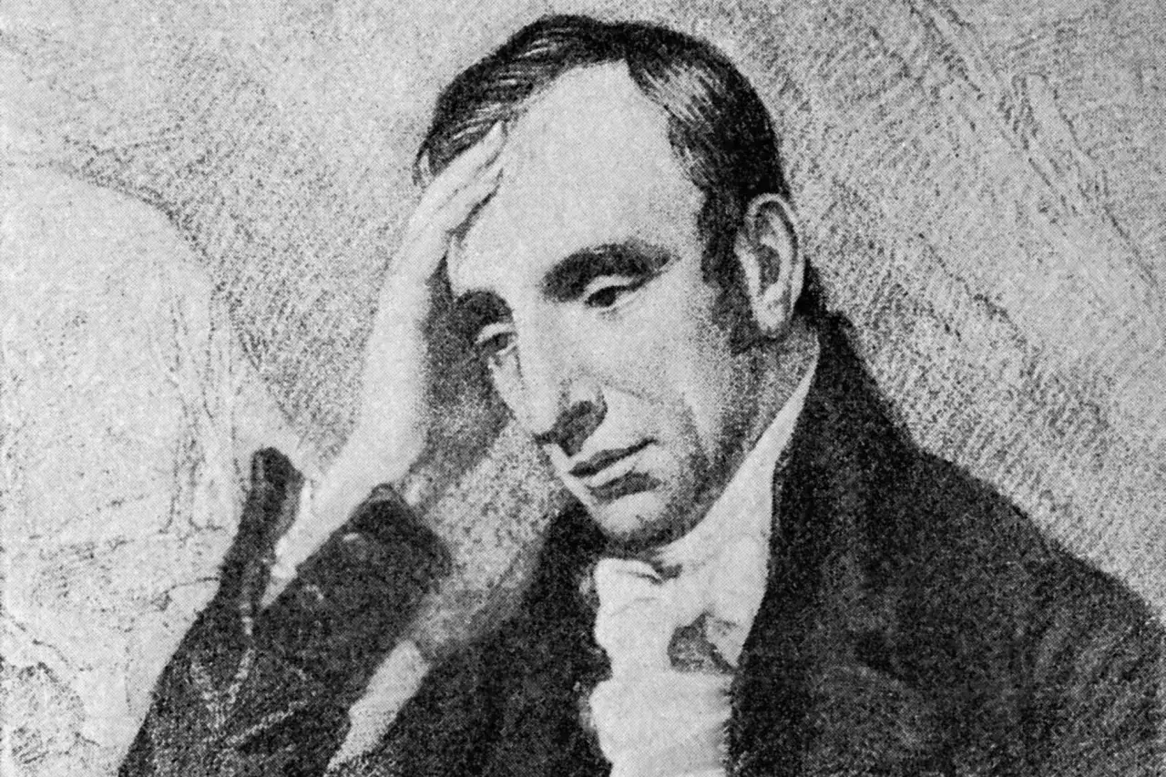 A pensive william wordsworth portrait, with his hand on his forehead, dressed in formal attire.
