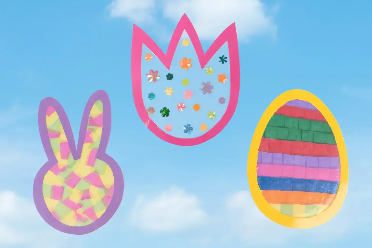 Bunte Osterdeko für Fenster: Hase, Tulpe und Ei aus Papier und Folie. Perfekt zum Ostern basteln!