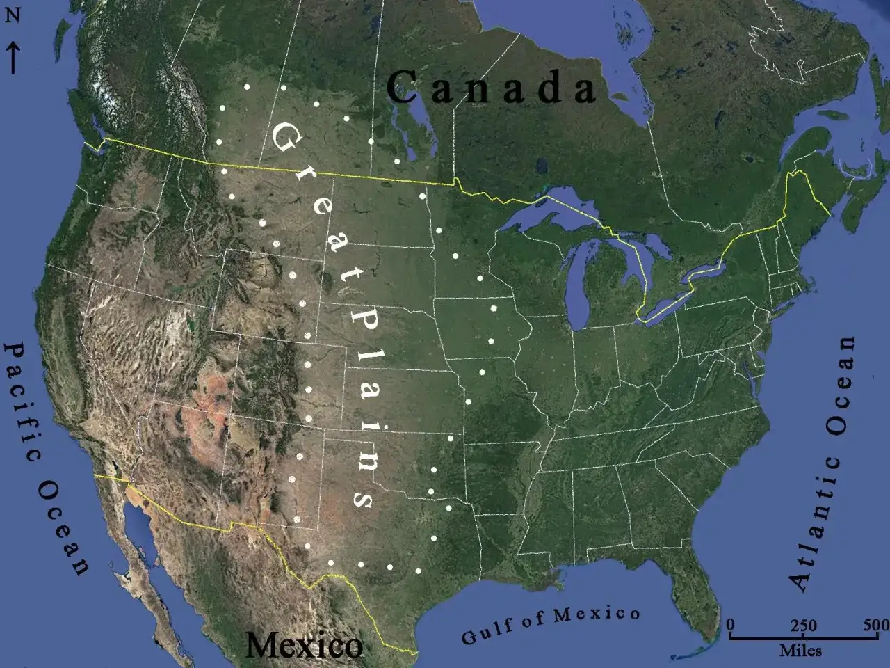 Mapa pokazuje długość granicy USA-Kanada, biegnącą przez Wielkie Równiny.