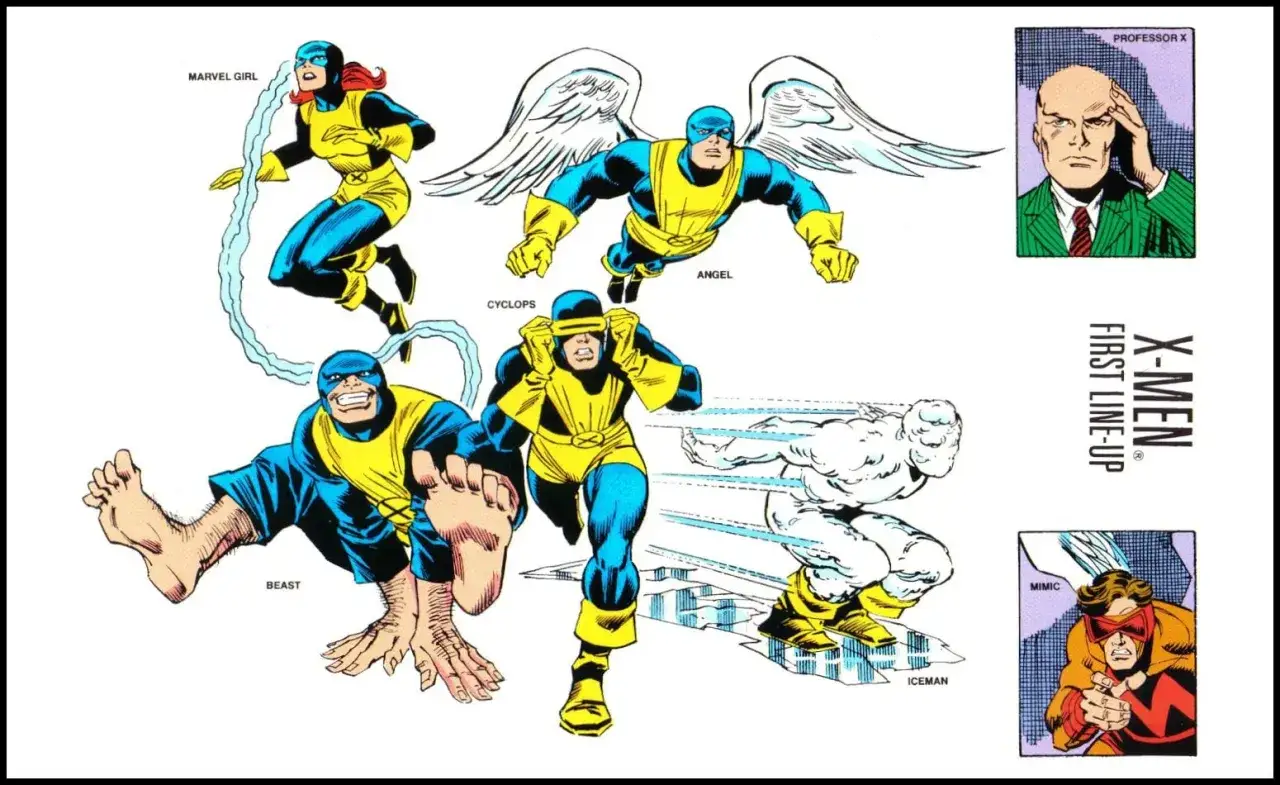 Los X-Men originales: Marvel Girl, Beast, Angel, Cyclops, Iceman y Mimic, junto a Profesor X.