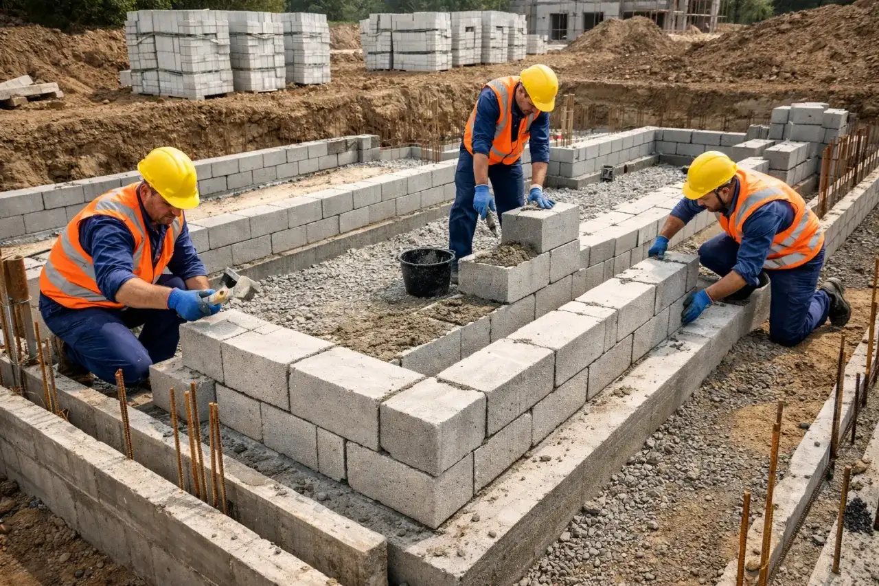 Budowlańcy układają pustak betonowy fundamentowy, tworząc zręby przyszłego domu.