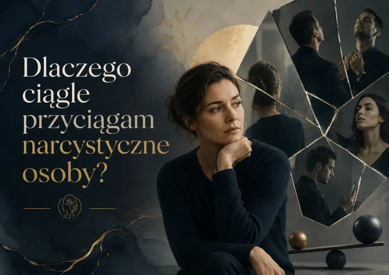 Kobieta zamyślona nad tym, dlaczego przyciąga narcyzów. Lustro odbija różne jej wizerunki i mężczyzn.