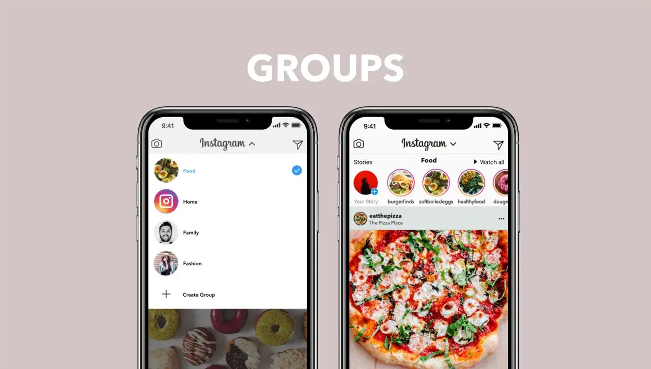 Dwa ekrany telefonu pokazują, co to jest Instagram: grupy 