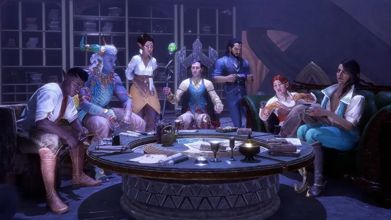 Un grupo diverso de personajes se re&uacute;ne alrededor de una mesa, planeando su pr&oacute;xima aventura en Dragon Age: Dreadwolf.
