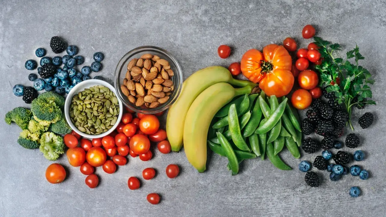 Bunte Früchte, Gemüse und Nüsse, die die positive flavonoide wirkung für die Gesundheit zeigen.