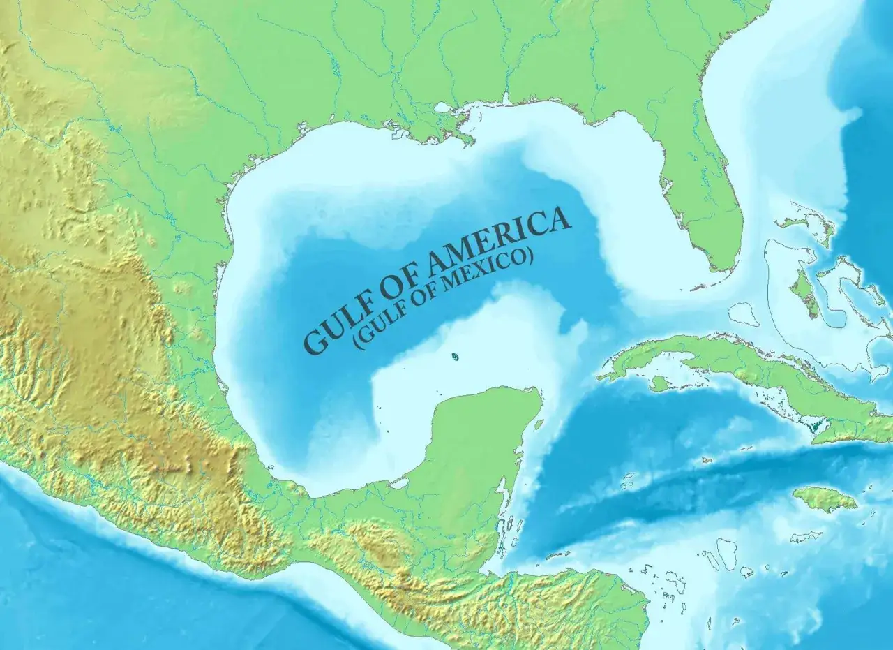 Mapa topograficzna przedstawiająca Zatokę Meksykańską, otoczoną przez Meksyk, USA i Kubę.