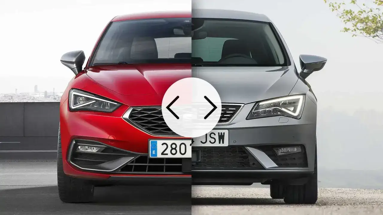 Dos Seat Le&oacute;n MK3, uno rojo y otro gris, divididos por la mitad. Comparativa de medidas y dise&ntilde;o.