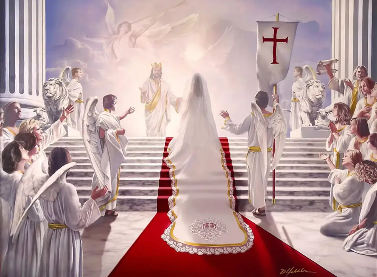 A bride in a flowing white gown walks a red carpet towards Jesus, crowned and robed in gold. Angels surround them, witnessing the union of the bride of Christ.