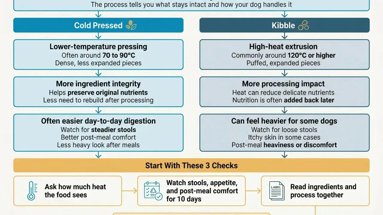 Proceso de pienso prensado en frío: menor temperatura, mayor integridad de ingredientes, digestión más fácil. Compara con kibble.