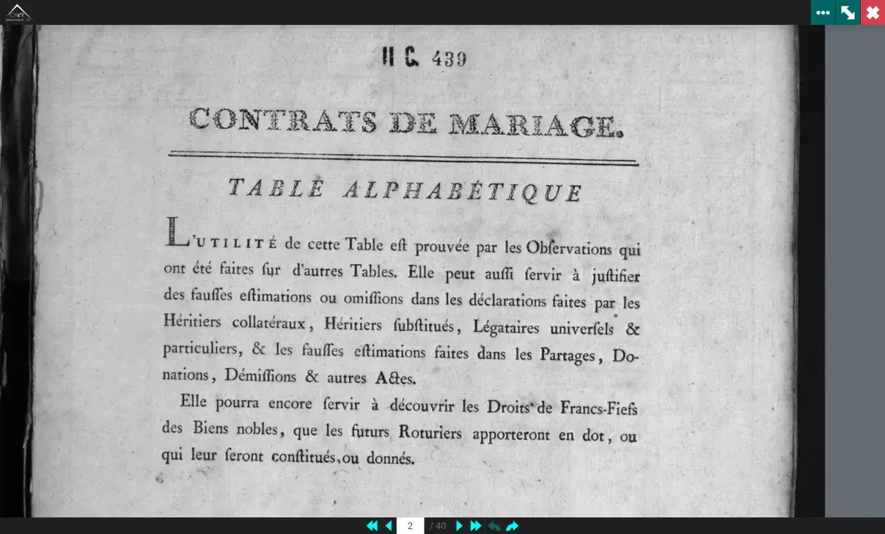 Page de garde d'un livre ancien sur les contrats de mariage, avec une table alphab&eacute;tique. Caroline Dhotel, mariage.