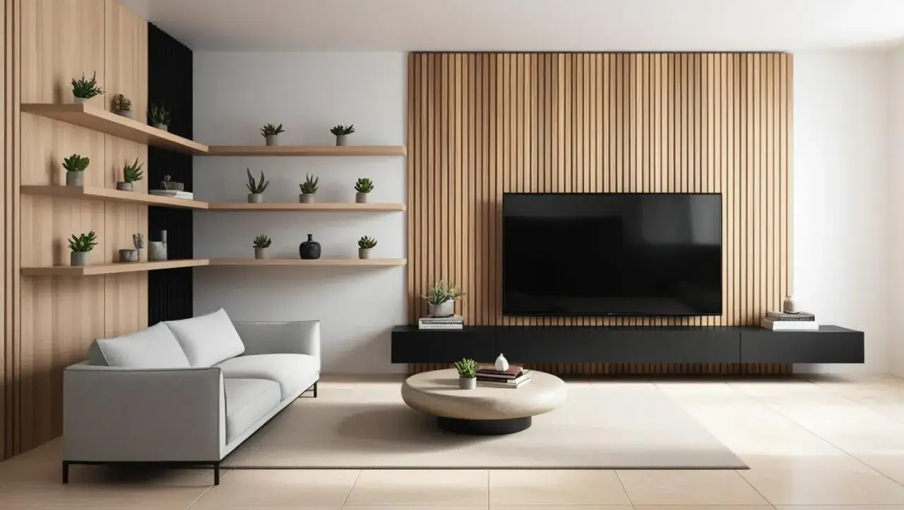 Modernes fernsehzimmer einrichten mit schlichtem Sofa, Holzwand und schwebendem TV-Möbel. Pflanzen auf Regalen und Couchtisch bringen Leben.
