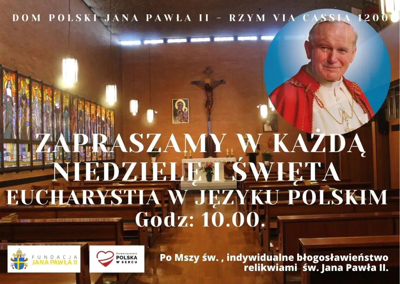 Zapraszamy na polską mszę w każdą niedzielę i święta o 10:00. Dzień święty święcić to okazja do wspólnej modlitwy i błogosławieństwa relikwiami św. Jana Pawła II.