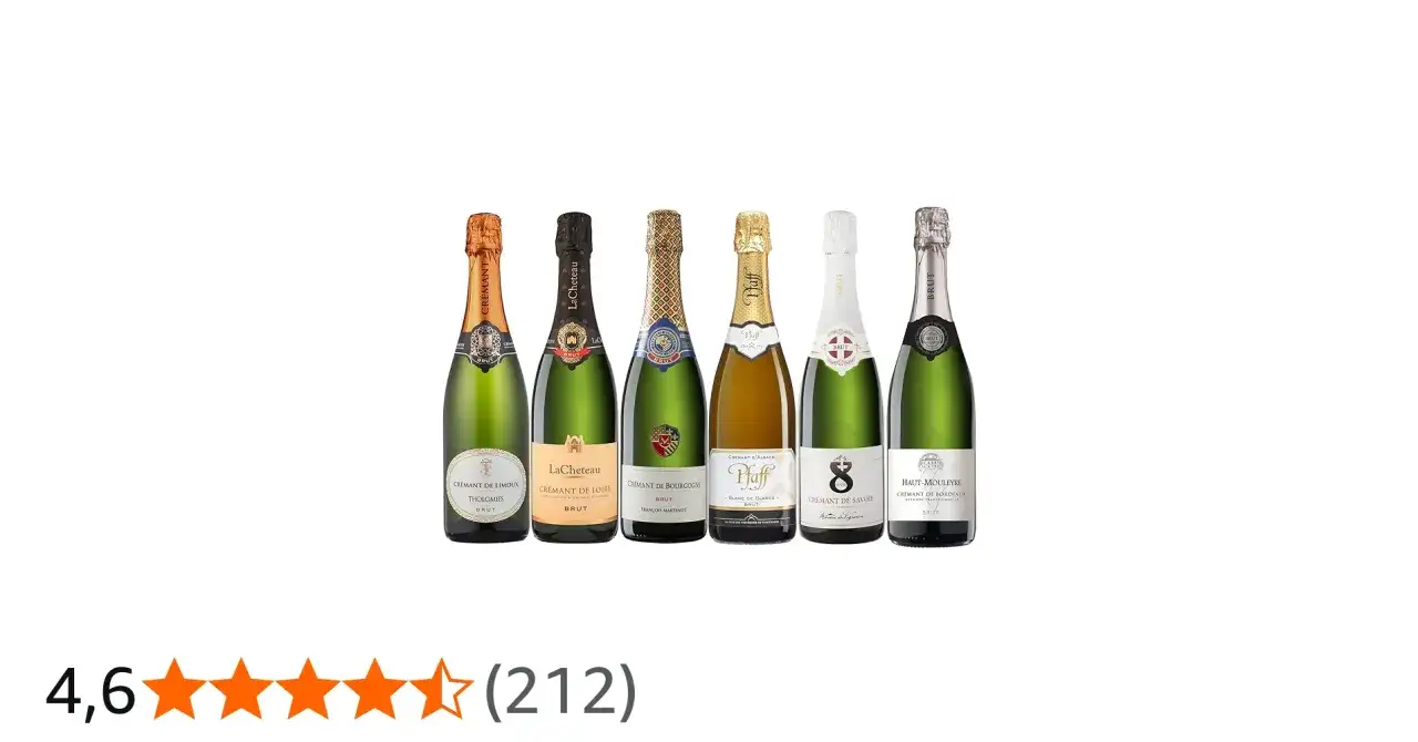Sechs Flaschen Cr&eacute;mant, ein Schaumwein, der oft als Alternative zu Champagner gilt. Was ist ein Cr&eacute;mant? Er wird nach traditioneller Methode hergestellt.