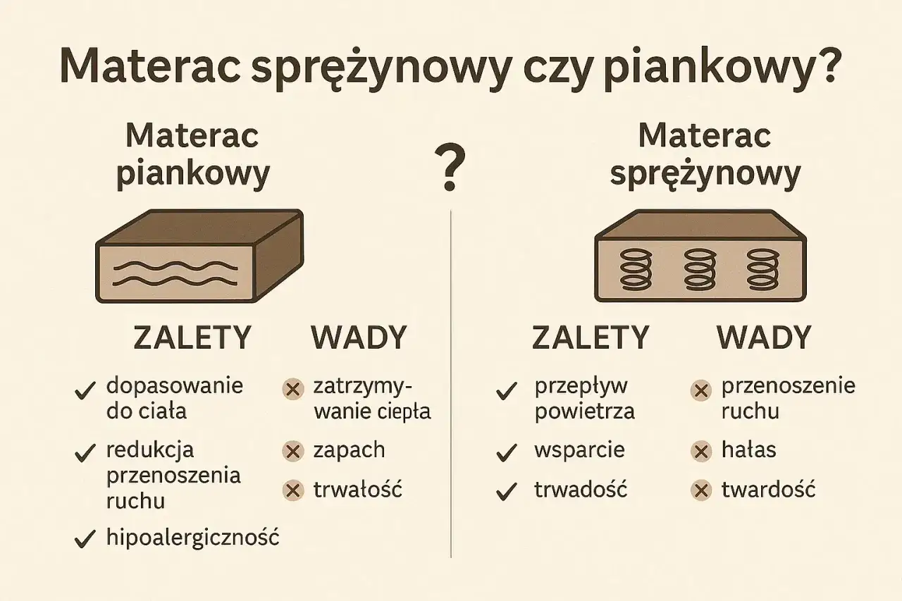 Porównanie materacy: piankowy vs sprężynowy. Ranking materacy piankowych a sprężynowych co wybrać dla kręgosłupa. Zalety i wady obu typów.
