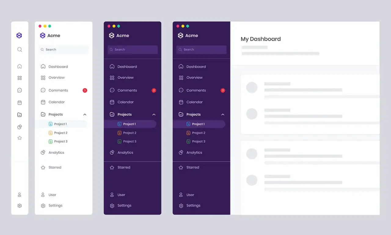 Trzy wersje menu nawigacyjnego: jasne, ciemne i z zaznaczonym projektem. Widoczne opcje: Dashboard, Overview, Comments, Calendar, Projects, Analytics, Starred, User, Settings.