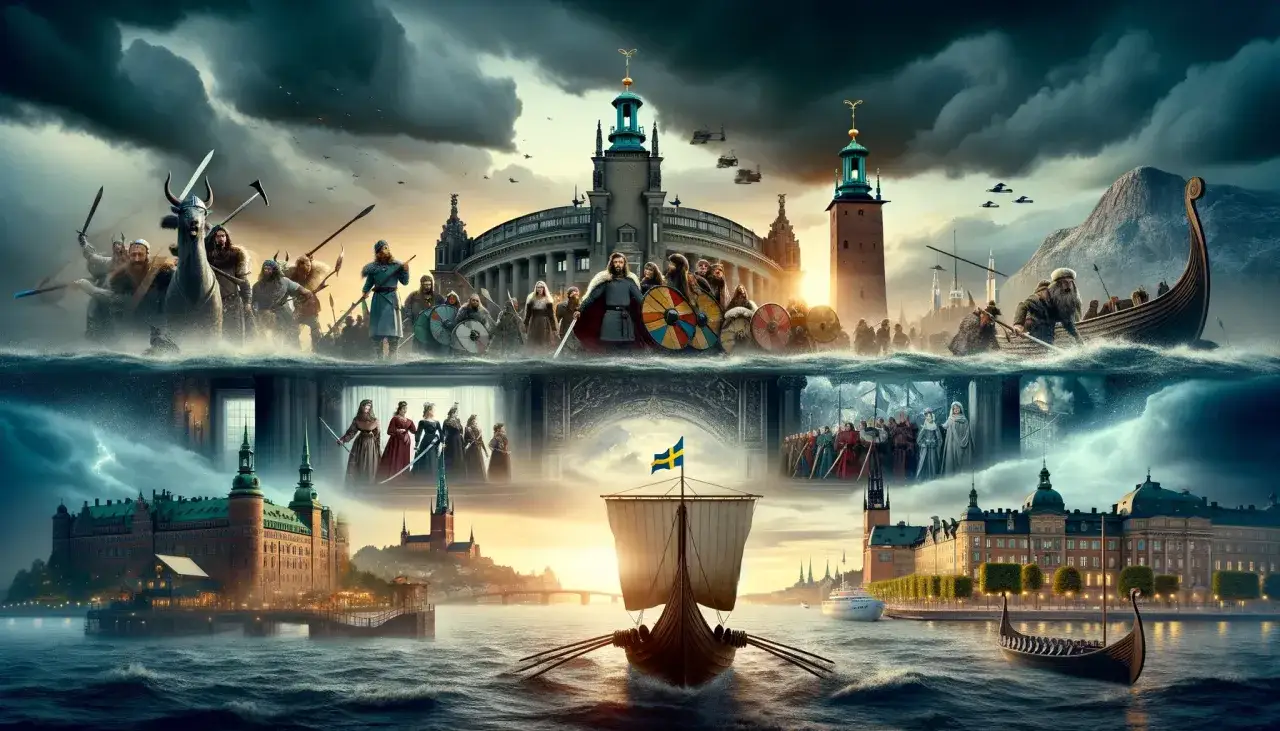 Vikingar och skepp i stormigt hav, med Stockholms silhuett i bakgrunden. En hyllning till svea rikes historia och styrka.