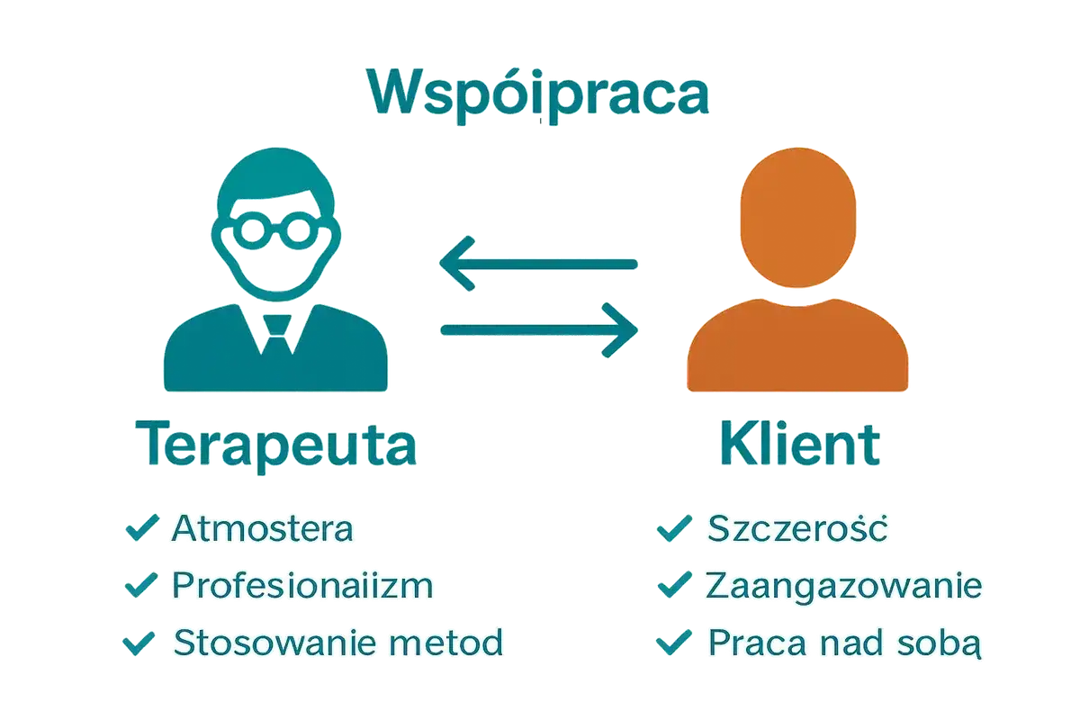 Współpraca terapeuty i klienta to klucz do sukcesu. Klient potrzebuje szczerości i zaangażowania, a terapeuta atmosfery, profesjonalizmu i stosowania metod.
