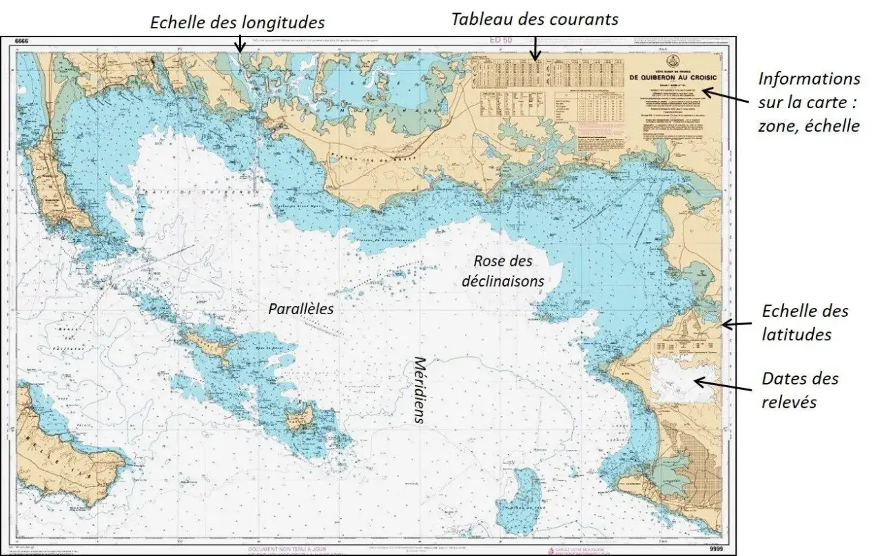 Carte marine de Quiberon au Croisic. Apprenez comment lire une carte marine avec ses &eacute;chelles, parall&egrave;les, m&eacute;ridiens et rose des vents.