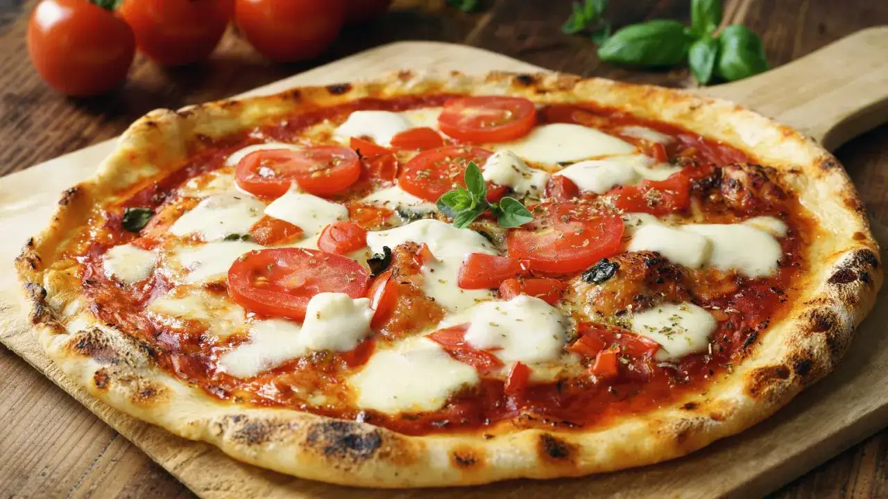 Pyszna pizza z pomidorami i mozzarellą, idealna na kolację. Ciasto na pizzę dzień wcześniej było świetnym pomysłem!