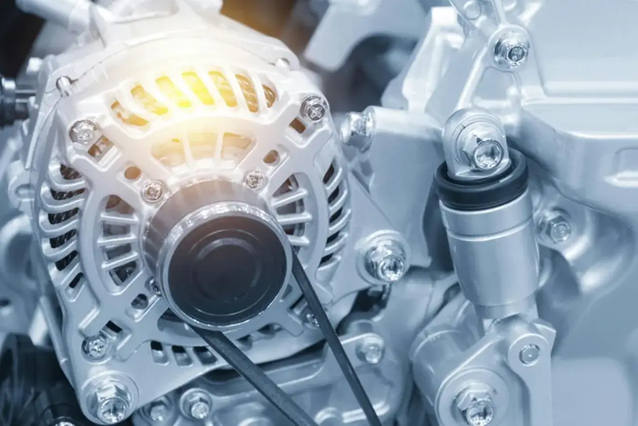Błyszczący alternator w aucie, kluczowy element układu elektrycznego, z widocznym paskiem napędowym i elementami silnika.