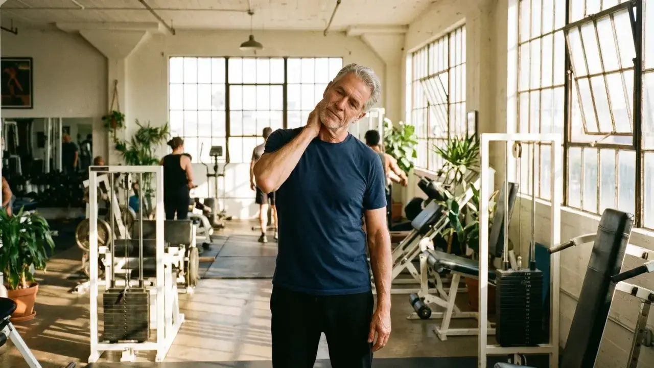 Homme &acirc;g&eacute; dans une salle de sport, se tenant le cou pour muscler son cou. Des machines de musculation et des plantes vertes sont visibles en arri&egrave;re-plan.
