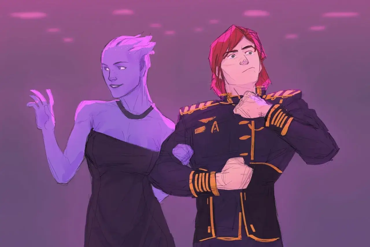 Ein lila Asari in schwarzem Kleid und ein Mensch in Uniform, die an Mass Effect 1 Romanzen erinnern.