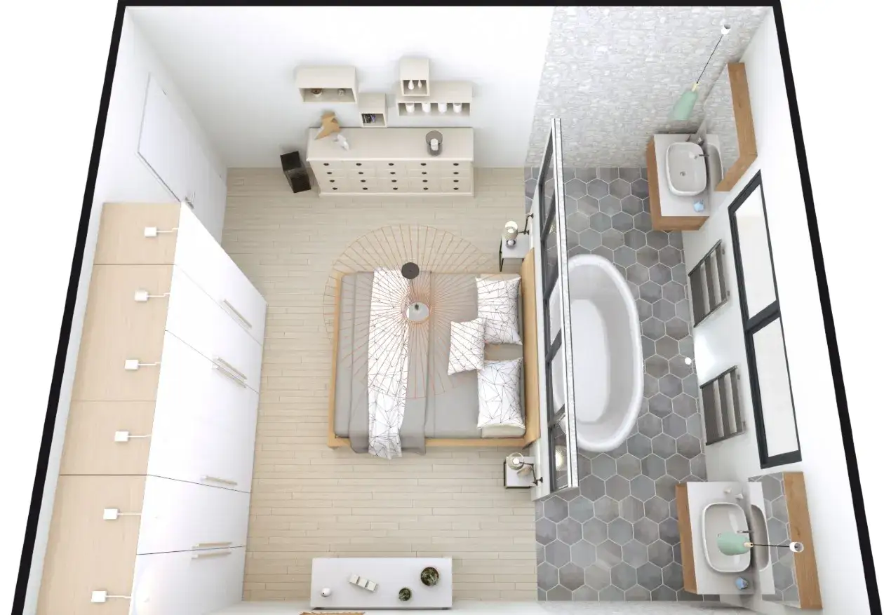 Chambre moderne avec dressing et salle de bain attenante. La **taille suite parentale** est optimis&eacute;e avec un lit, une commode, et une grande armoire.