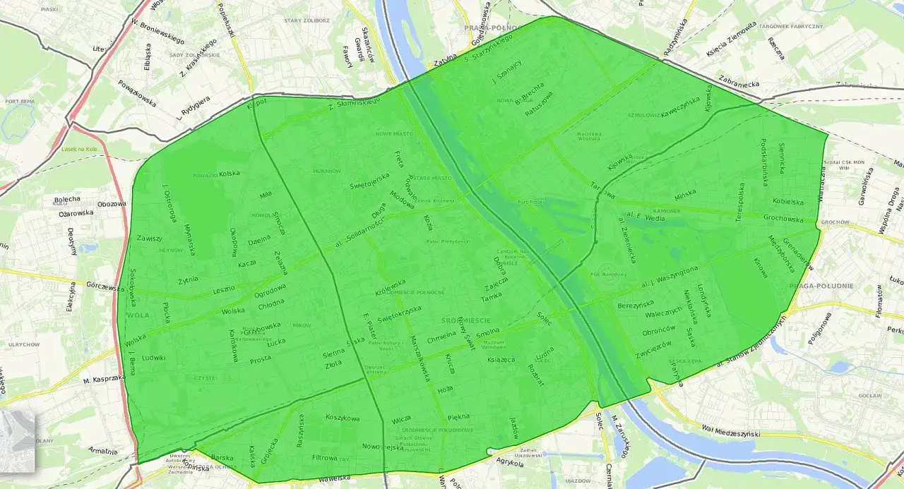 Mapa strefy czystego transportu w Warszawie. Zielony obszar wyznacza zakaz wjazdu diesli do Warszawy, obejmując centrum i część Pragi.