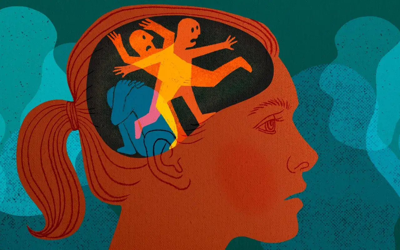 En illustration som visar en kvinna med en hj&auml;rna fylld av skr&auml;ckslagna figurer. Detta symboliserar ptsd konsekvenser, d&auml;r trauman lever kvar och p&aring;verkar sinnet.