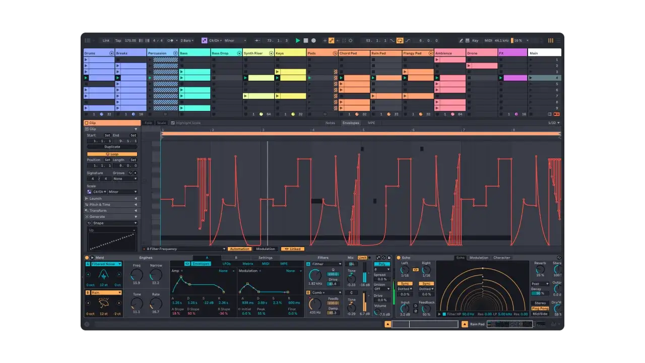 A digital audio workstation screen showing a complex arrangement of tracks, including drums, bass, and synths. A free synth is being edited with detailed modulation curves.