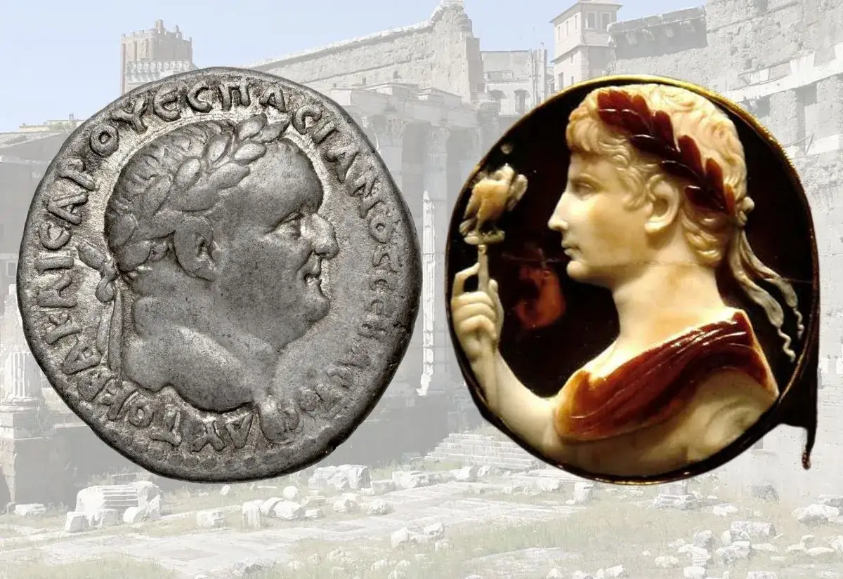 M&uuml;nze und Kamee zeigen Tiberius, den Nachfolger von Augustus.