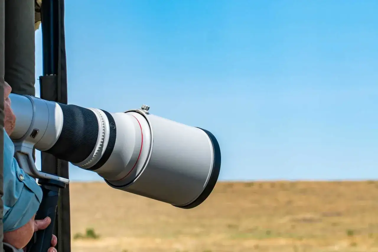 A photographer uses a large telephoto lens to capture wildlife in a savanna landscape under a clear blue sky.