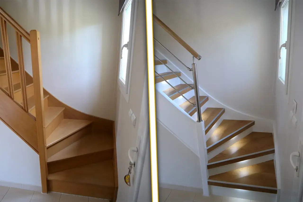 Avant/apr&egrave;s : un escalier bois enti&egrave;rement modernis&eacute; avec une nouvelle rampe en inox et des marches lumineuses.