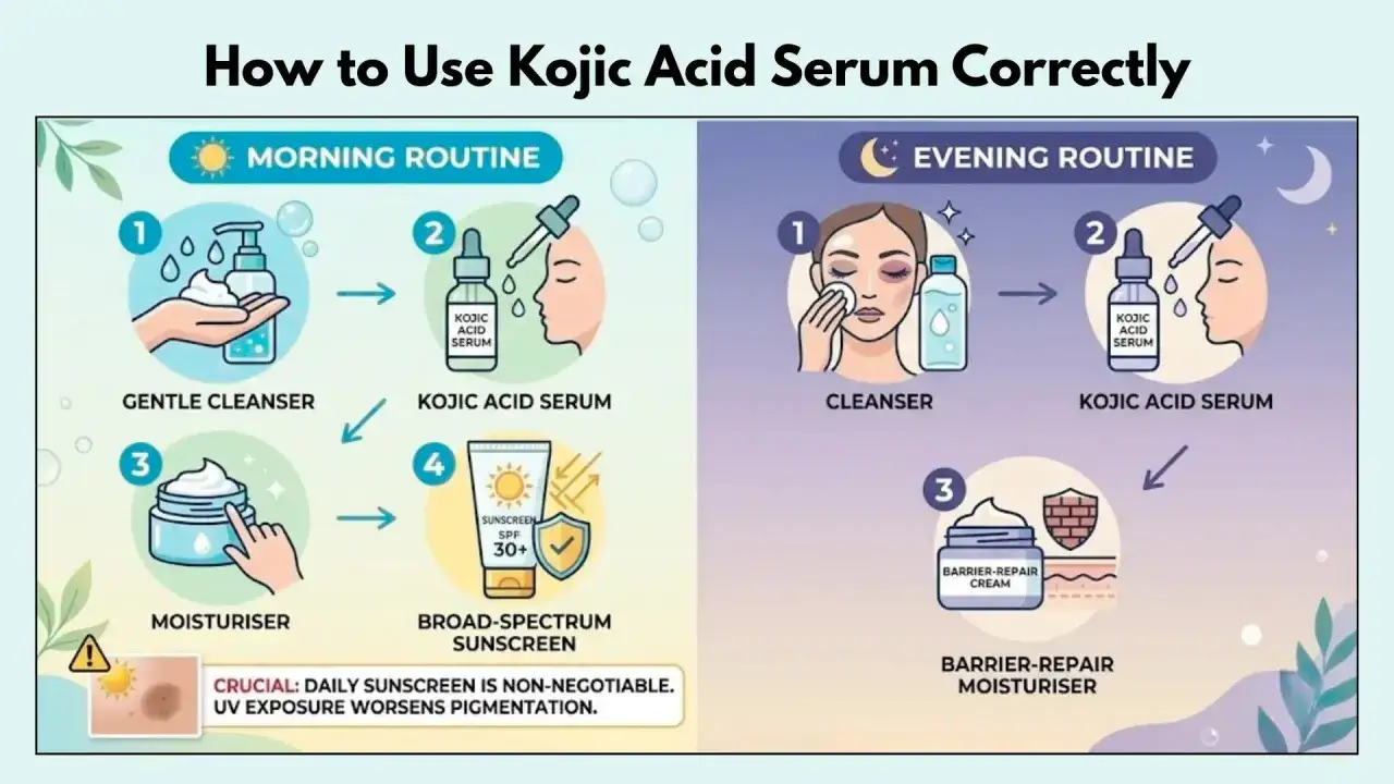 Rutina de mañana y noche para usar ácido kójico: limpieza, sérum, hidratante y protector solar.