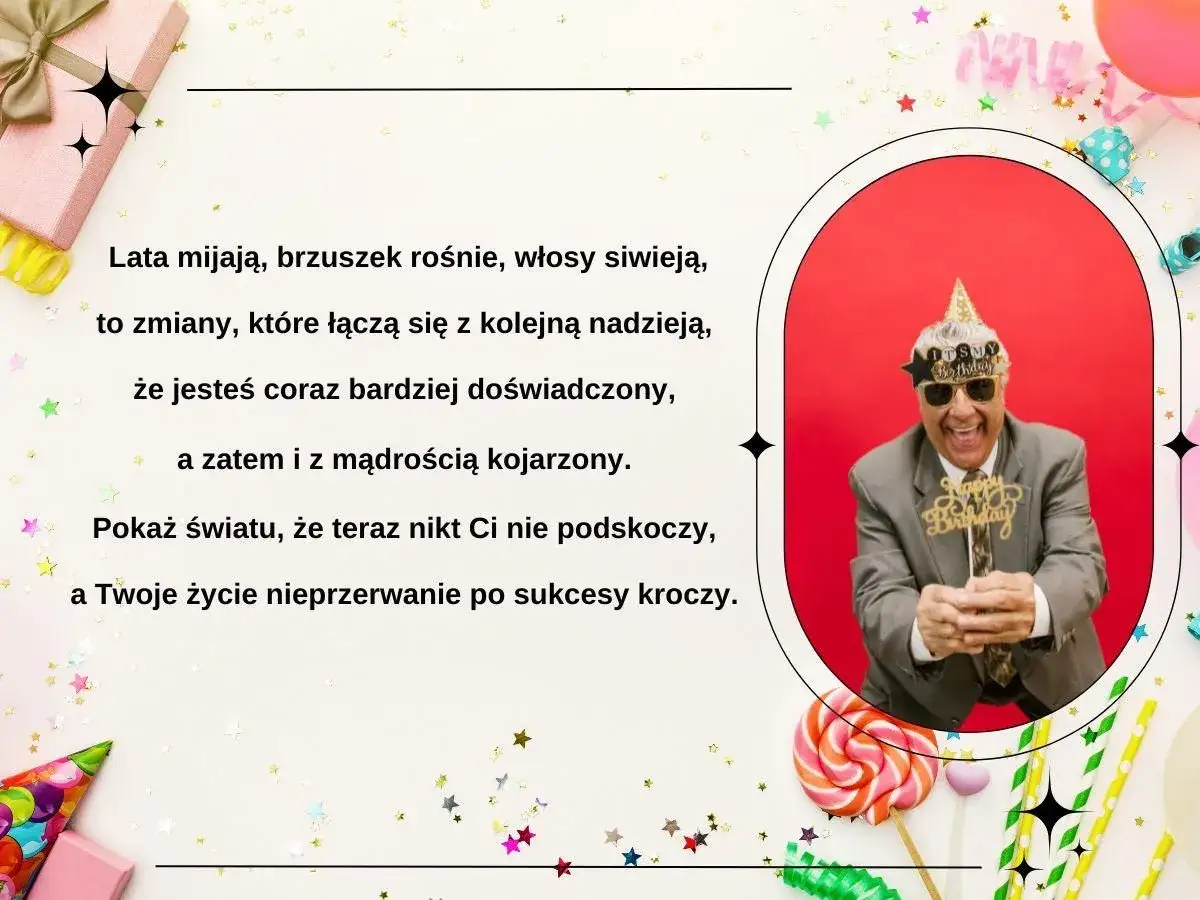 Wesoły pan w okularach i czapce urodzinowej, z napisem 