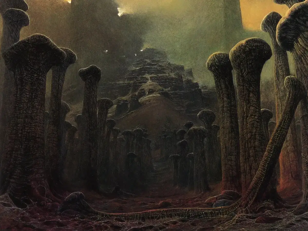 Mroczny, surrealistyczny krajobraz z grzybopodobnymi formacjami i schodkową górą w oddali. To przerażający obraz końca świata.