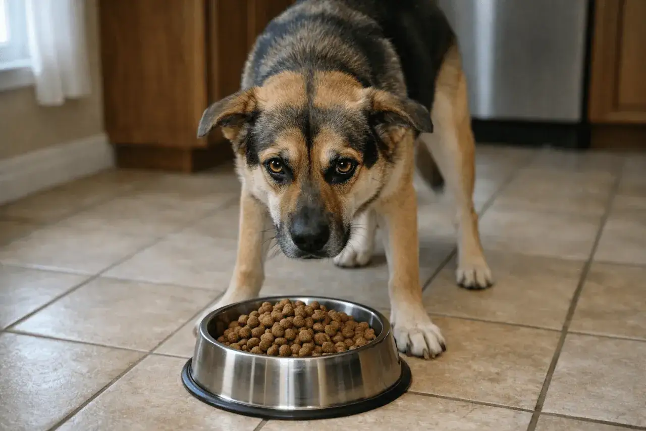 Perro pastor alemán con mirada intensa, listo para comer. La protección de recursos para perros es clave para su bienestar.