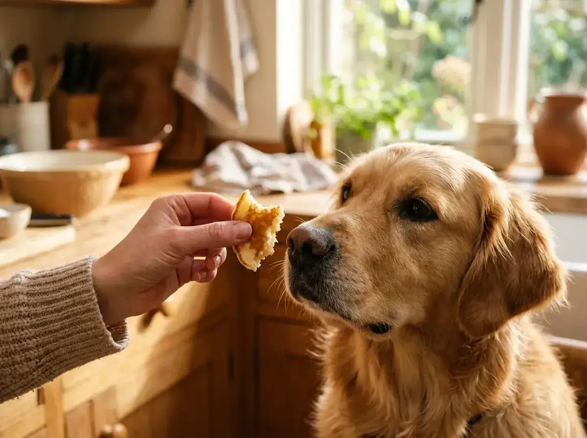 A golden retriever looks hopefully at a piece of pancake offered by a hand. This image makes you wonder,