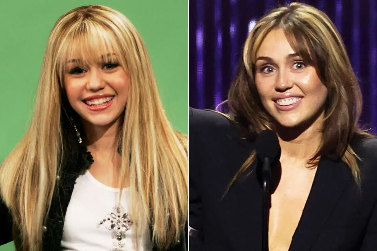 Miley Cyrus jako Hannah Montana na zielonym tle i jako dorosła gwiazda na scenie.
