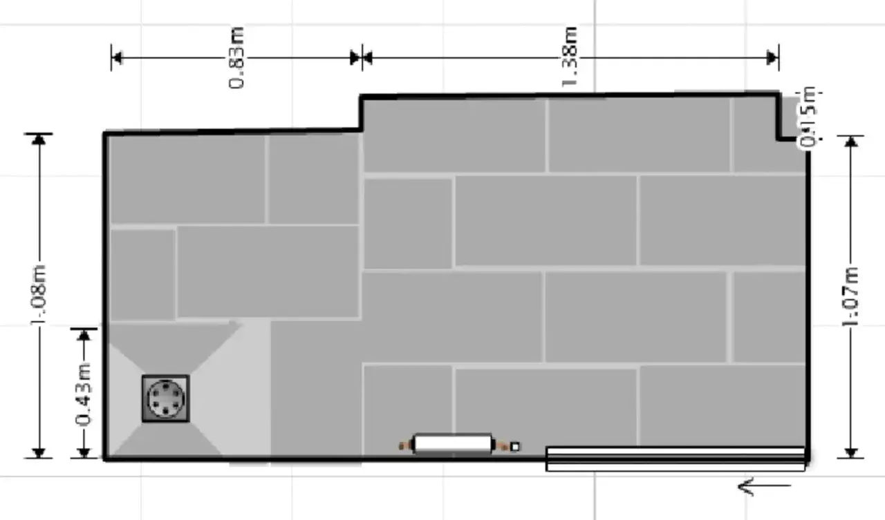 Plan de calepinage carrelage avec une douche à l'italienne et une porte. Dimensions indiquées.