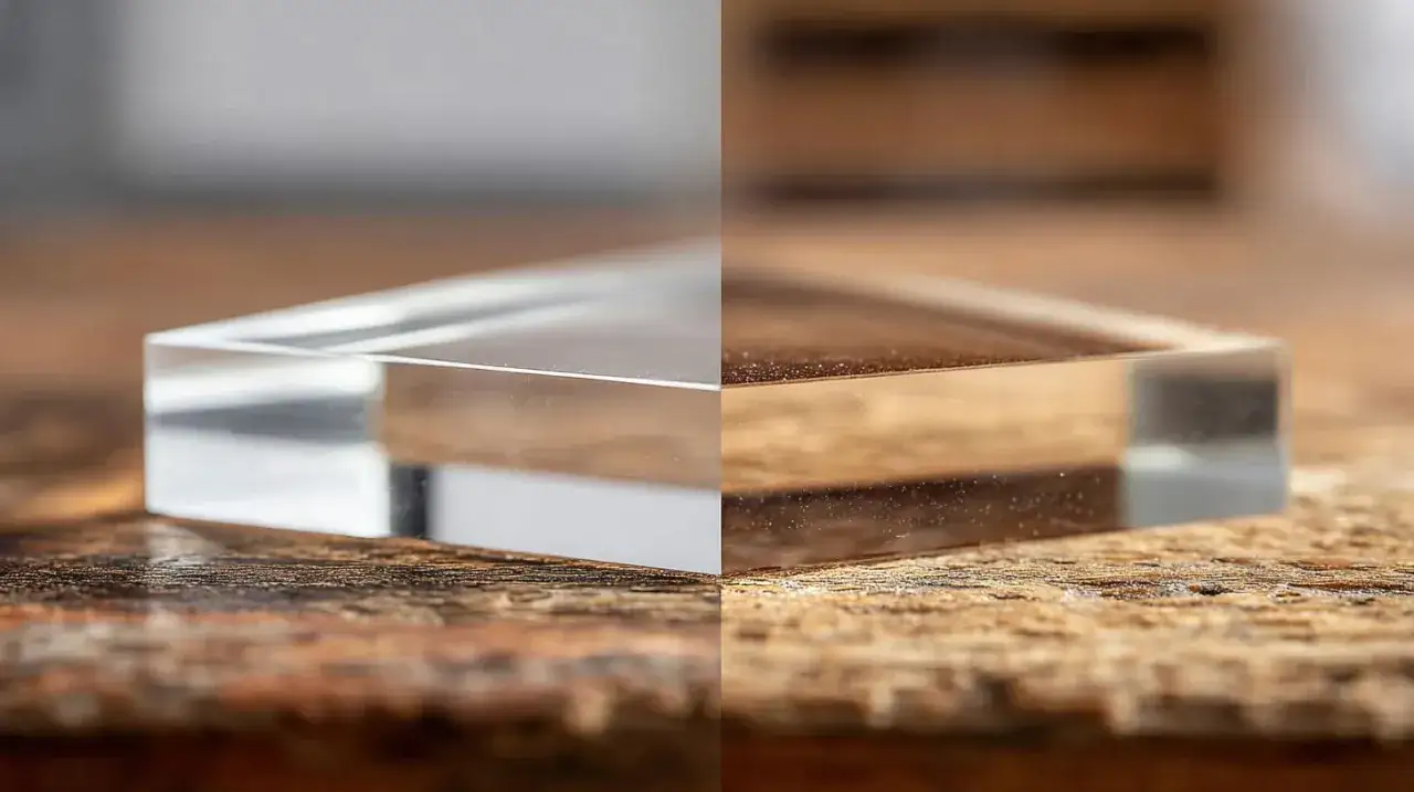 A clear acrylic block, showing its strength and clarity. The left side is pristine, while the right side has a textured surface, demonstrating how strong is acrylic.