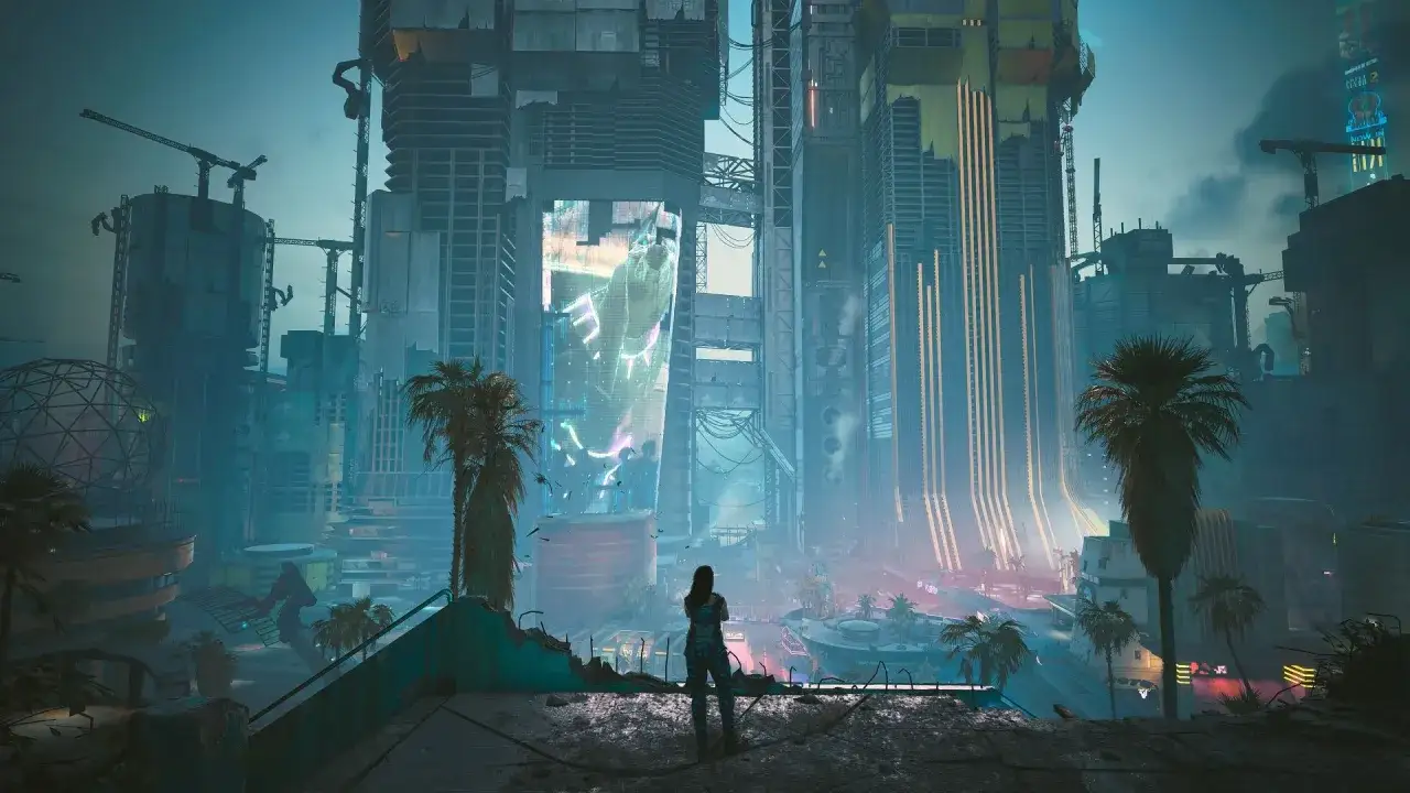 Widok na futurystyczne miasto w budowie, z neonowymi reklamami i palmami. To idealne miejsce na nowy cyberpunk dodatek.