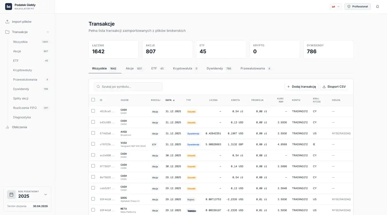 Widok transakcji giełdowych, pomocny przy pytaniu jak obliczyć podatek w Excelu. Widoczne akcje, ETF, kryptowaluty i dywidendy.