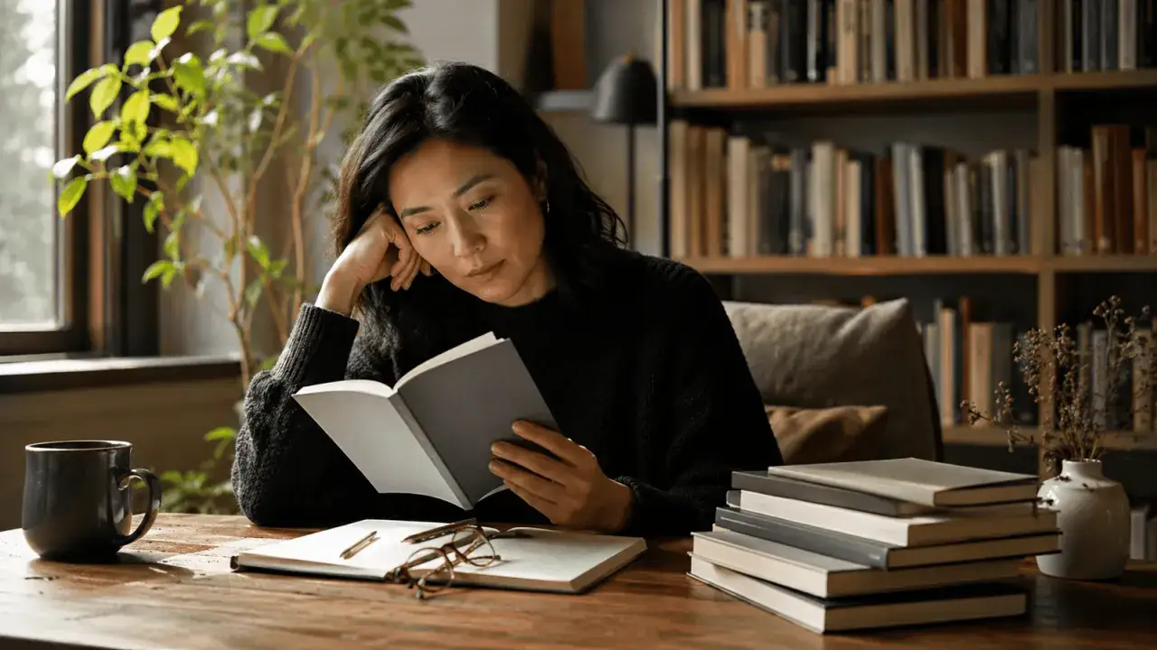 Mujer lee un libro, reflexionando sobre cuantas palabras tiene una novela corta. A su lado, una taza, gafas y una pila de libros.