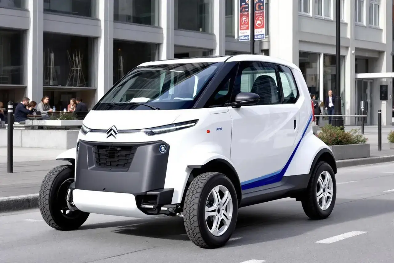 Une petite voiture blanche, l'ami de la ville, roule dans une rue pavée. Des passants dînent à l'extérieur d'un café.